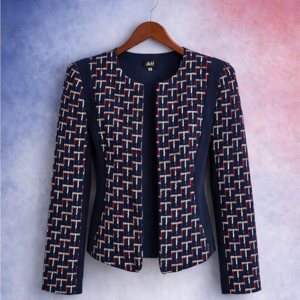H&M Navy and Red Woven Blazer Size 6